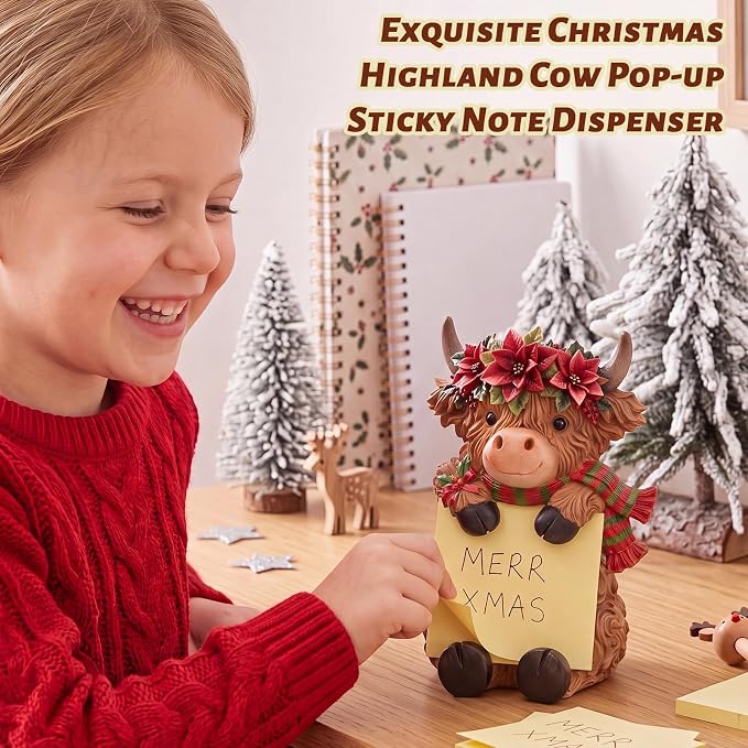 Thenshop Christmas Highland Cow Pop up Sticky Note Dispenser with 100 Sheet | Christmas Sticky Note Holder, Highland Cow Desk Accessories, Resin, Red Green Poinsettia, Back to School Classroom, 3 x 3inch