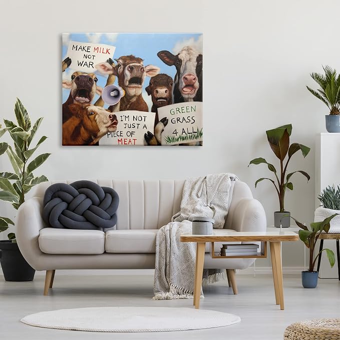 Protesting Cows Funny Country Farm, 36 x 48 Inch Canvas Wall Art | Stupell Industries · By Lucia Heffernan · Ready to hang · Farmhouse humor for any room · Made in USA