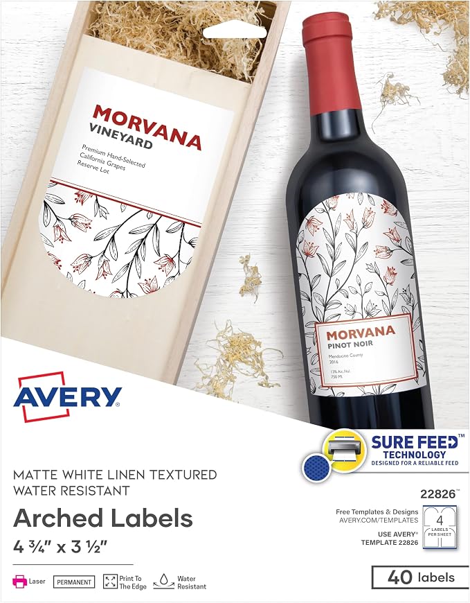 Avery Arched Wine Labels, Sure Feed Technology for Laser Printers, 4.75" x 3.5", 40 White Labels (22826)