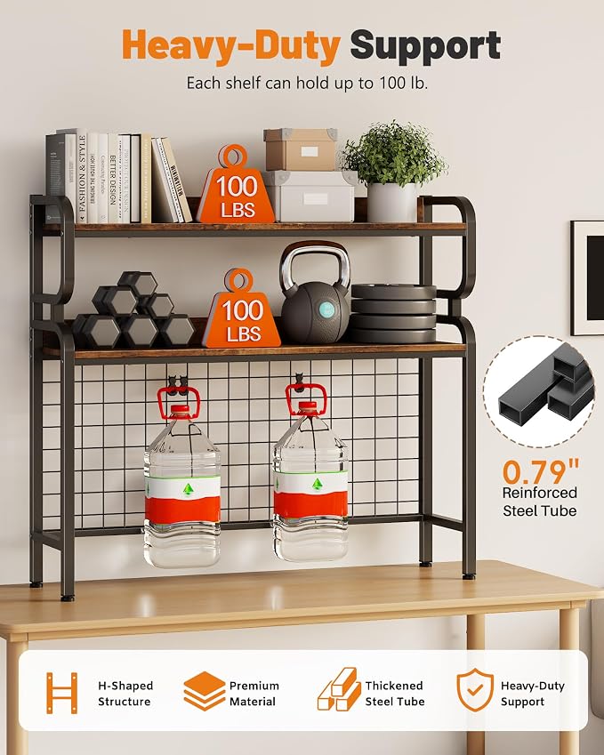 BYMECOST 38.6" Desktop Hutch Bookshelf,2-Tier Desk Shelf with Pegboard | Heavy-Duty Desktop Bookcase With Grid Panel and Hook, Desk Hutch for Computer in Offices or Dorms
