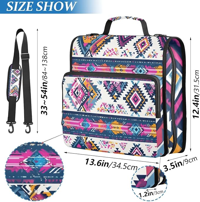 3 D-Ring Zipper Binder Bag, Purple Ethic Aztec Geometric Pattern Removable Binder with Zipper Case Hold 300+ Sheets& 13 Inch Laptop for School Office Supplies Organizer