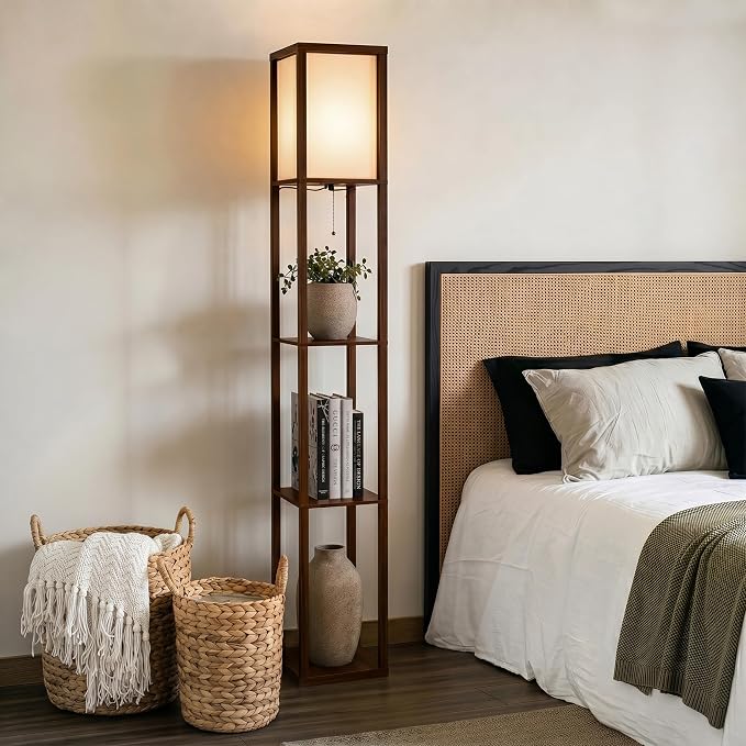 Brightech Maxwell - Modern Shelf Floor Lamp with Lamp Shade & Warm White LED Bulb, Corner Display Floor Lamp with Shelves for Living Room, Bedroom, Nightstand Office, Home Decor Storage - Havana Brown