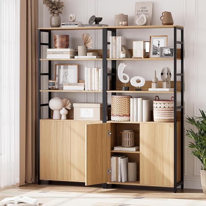 Garvee 71" Tall Bookshelf with Doors and Adjustable Shelf, Natural | Industrial Display Standing Shelf Rack with 3-Tier Shelves, Bookcase with Protective Rails for Living Room, Office