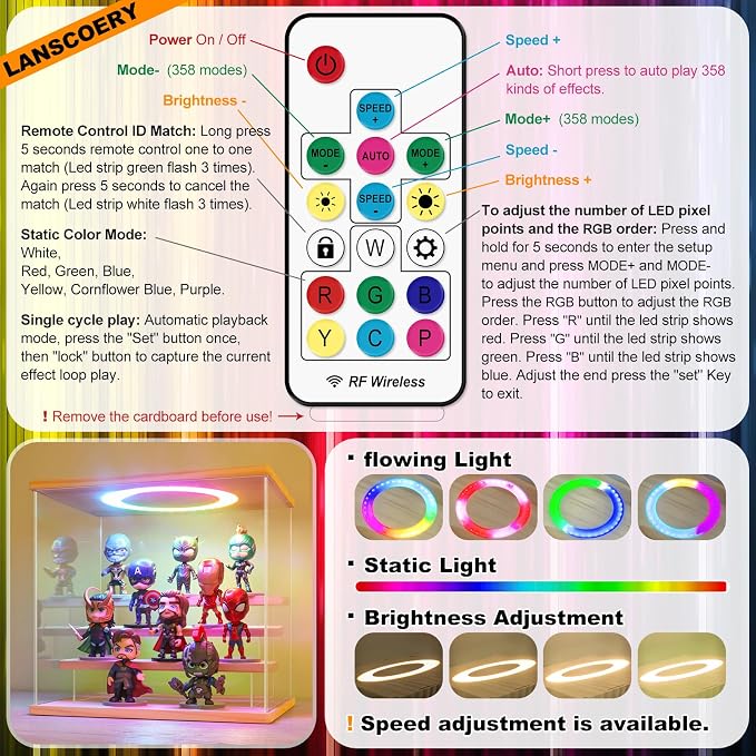 LANSCOERY Acrylic Display Case with RGBW Lights, 4 Tier Wood Finish | 11.8 x 8.9 x 11 in case displays small figures on desks or shelves with tiered rows and front access.