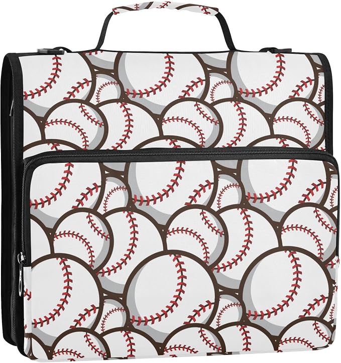 Ball Baseball White Print Zipper Binder Bag 3 Ring with Shoulder Strap & Handle Multi Pocket Binder Organizer Bag Large Capacity for School Office Supplies