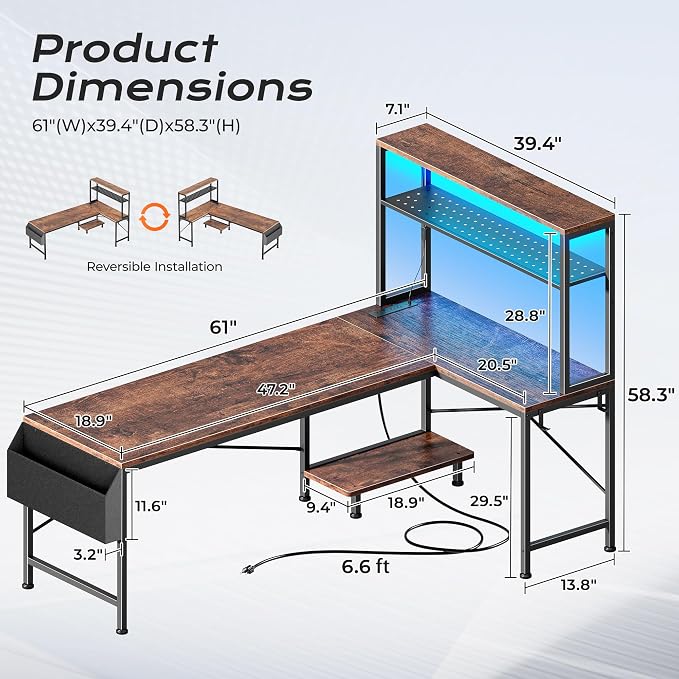 L Shaped Gaming Desk with LED Lights & Power Outlets | Reversible Computer Desk with Storage Shelves & Bag, Large Corner Home Office Desk for Work from Home, Rustic Brown