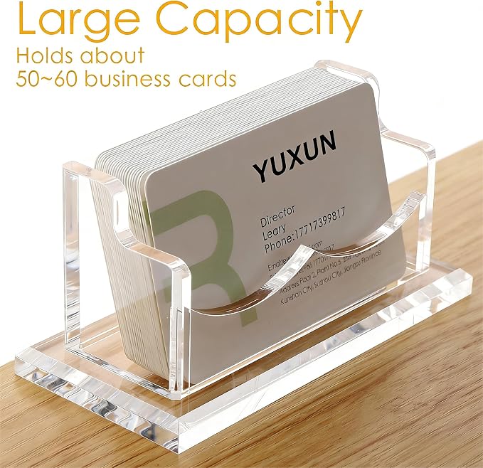 YUXUN Acrylic Business Card Holder for Desk, Business Cards Holder Organizer for women, Clear Business Card Display Stand, 8mm Thicken Acrylic Base, 50+ Business Cards for Office Exhibition Home