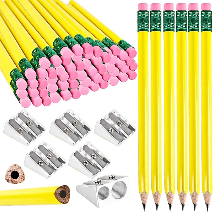60 Pcs Fat Pencils Bulk Jumbo First Pencil with 6 Pcs Sharpeners Thick Large Triangle Pencils with Erasers for Kids Beginners Preschoolers School Office Supplies