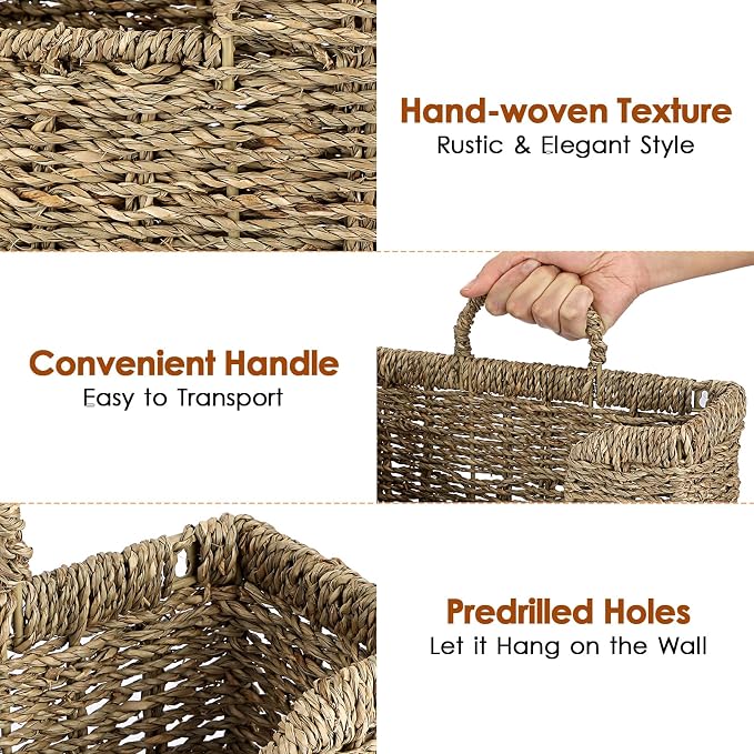 BTSKY Woven Hanging Magazine Holder, Seagrass Magazine Basket, Wall Mounted Storage Basket for Books & Files, Wall File Organizer Magazine Rack with Handle for Home & Office - 12x4.3x7.9 Inch