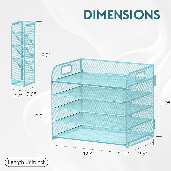 5-Tier Paper Organizer for Desk with Pen Holders, Letter Trays, Blue | Metal Mesh Desktop File Organizer with Removable Trays and 2 Handles for Paper, Files, Mail, Folders in Office Home or School
