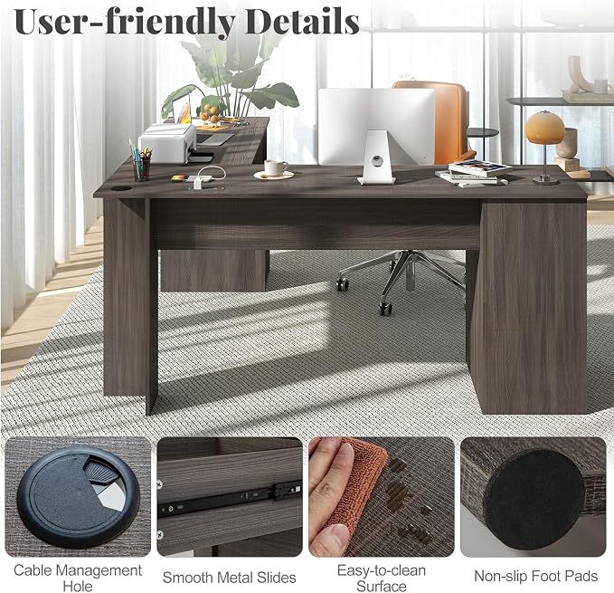 Giantex 66" L-Shaped Desk with Storage Drawers & Charging Station, Spacious Corner Computer Desk with Keyboard Tray, Adjustable Shelf, Cabinet, Huge Workspace Home Office Study Writing Desk (Grey Oak)