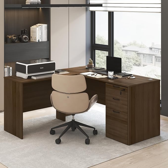 Furinno Roger Computer Desk, 60 Inch Rectangular Executive Desk with Modesty Panel, Home Office Desk with Thick Tabletop, Desk Cord Grommet, Scratchproof, for Home Study, Office, Modern Walnut