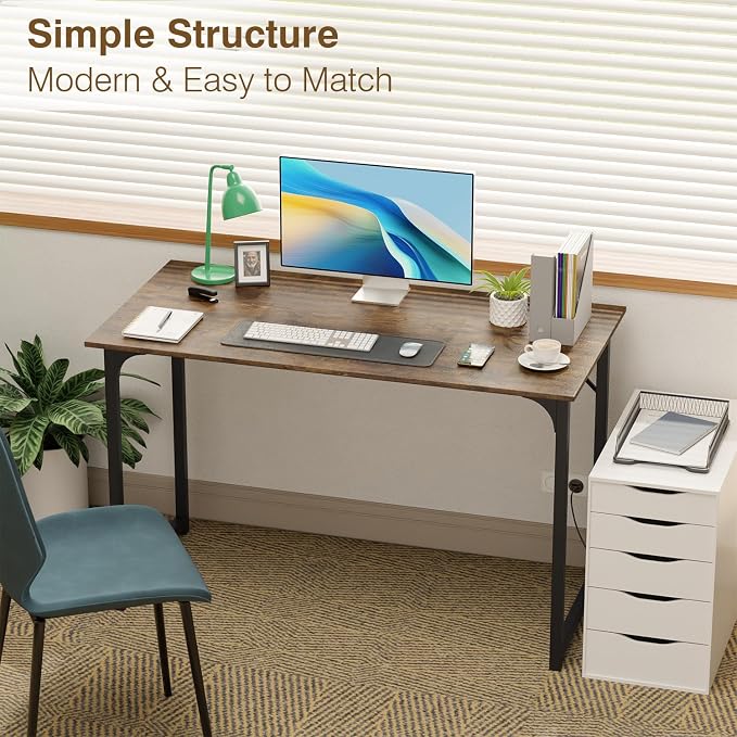FDW 47 inches Computer Desk/Home Office Desk/Writing Study Table/Modern Simple Style PC Desk with Metal Frame,Brown