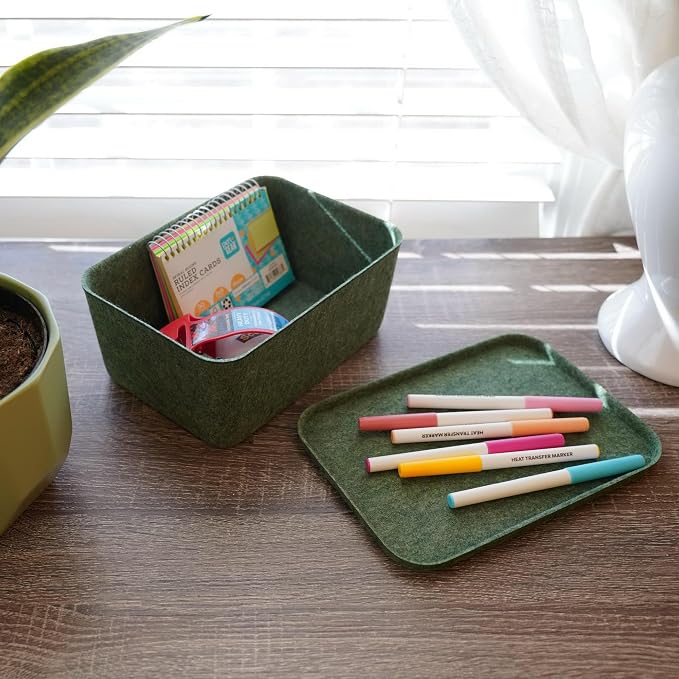 Felt deep Storage Bins lidded Drawer Organizer Caddy Forest Green | Sustainable material soft yet sturdy,multi-purpose storage, sleek minimalist lifestyle