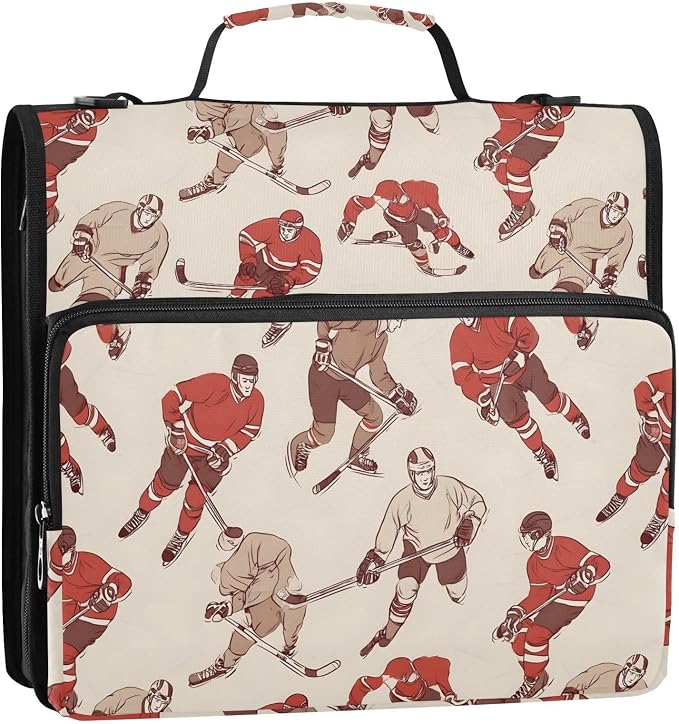 3 Ring Zipper Binder with Shoulder Strap Hockey Players Vintage Sport Ball 1.5 inch Binders Keeper Large Capacity Multi Pockets for School Office Supplies
