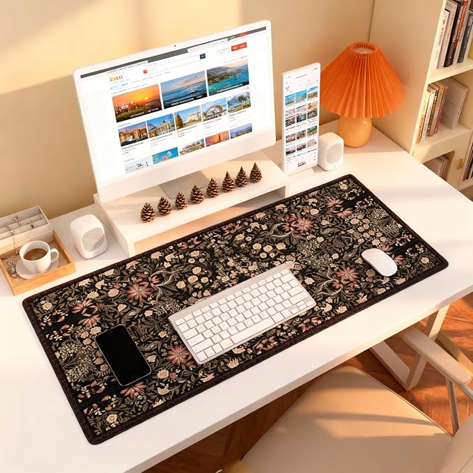 Floral Aesthetic Wildflower Gaming Mouse Pad, Black Rug Desk Mat with Anti-Slip Base & Stitched Edges,35.4" x 15.7" in Desk Accessories for Women, Home Office Decor & Artistic Gift
