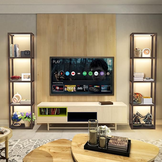 OUTON 67" Glass Display Shelf with Dimmable LED Floor Lamp, Collectibles Display Cabinet with Remote & App Control, 5 Tier Open Bookshelf Lamp for Living Room, Bedroom, Office, Home Decor, Walnut