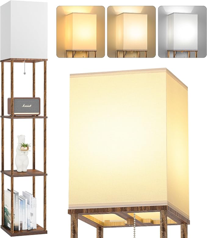 Floor Lamp with Shelves, 3-Tier Square Bookshelf Standing Lamp Rustic Brown | 3 Color Temperature Bulb Included, Modern Pull Chain Tall Lamp for Living Room Bedroom Corner Office Apartment Decor