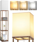 Floor Lamp with Shelves, 3-Tier Square Bookshelf Standing Lamp Rustic Brown | 3 Color Temperature Bulb Included, Modern Pull Chain Tall Lamp for Living Room Bedroom Corner Office Apartment Decor