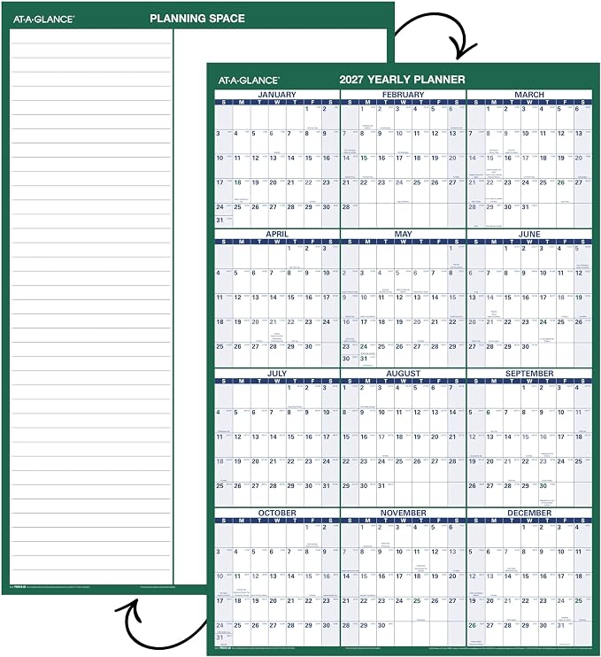 AT-A-GLANCE 2027 Erasable Calendar, Dry Erase Wall Planner, 24" x 36", Vertical, Reversible (PM2102827)