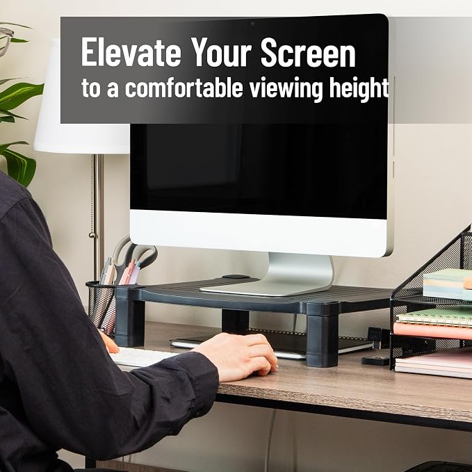 Mind Reader Monitor Stand, Height Adjustable, Desktop Organizer, Laptop Riser, Office, 17.25"L x 13.25"W x 4"H, Black