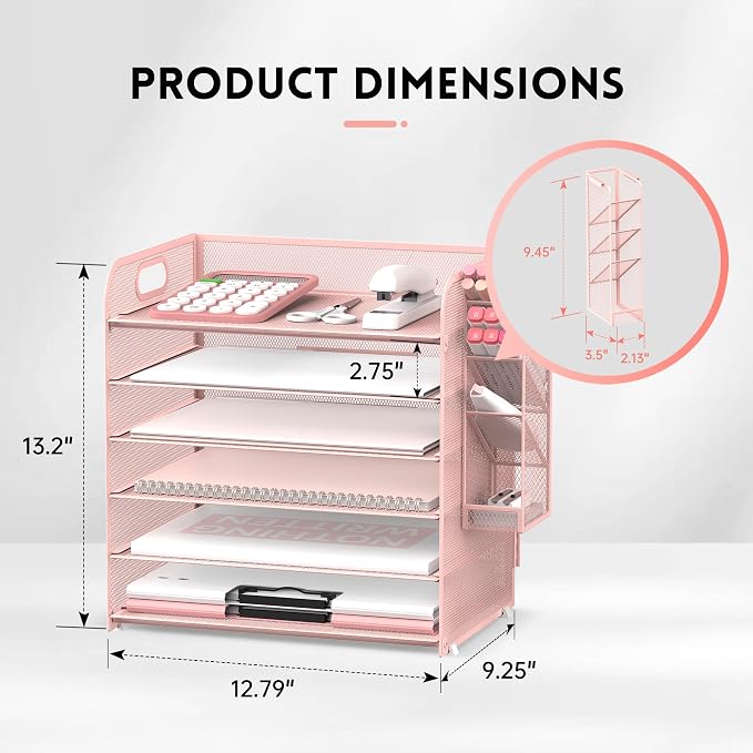 6 Tier Desk Organizer with 4 Pen Holders & Mesh Paper Trays Pink | 6 Tiers Paper Organizer, File Organizer Letter Tray with Handle for A4 Files, Folders, Mail and Office Supplies
