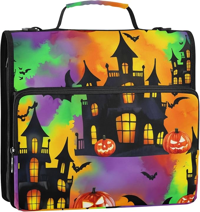 3 Ring Zipper Binder Spooky Haunted House Binder Organizer Portfolio with File and Shoulder Strap & Handle Large Capacity File Folder