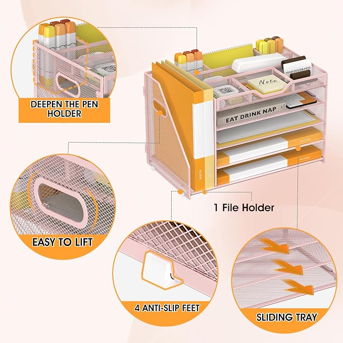 5 Tier Paper Letter Tray Desk Organizer with Pen Holders - Pink | Features 3 pen holders and 4 removable dividers.Versatile mesh desktop storage for mail, document,office supplie