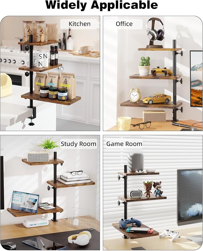 3 Tiers Clamp On Desk Shelf, 360° Angle Adjustable Desktop Shelf Organizer for Home Office Gaming Room, No Drill Desk Extender Adapt to 0.4-2.16 inches Table Thick, Black Brown