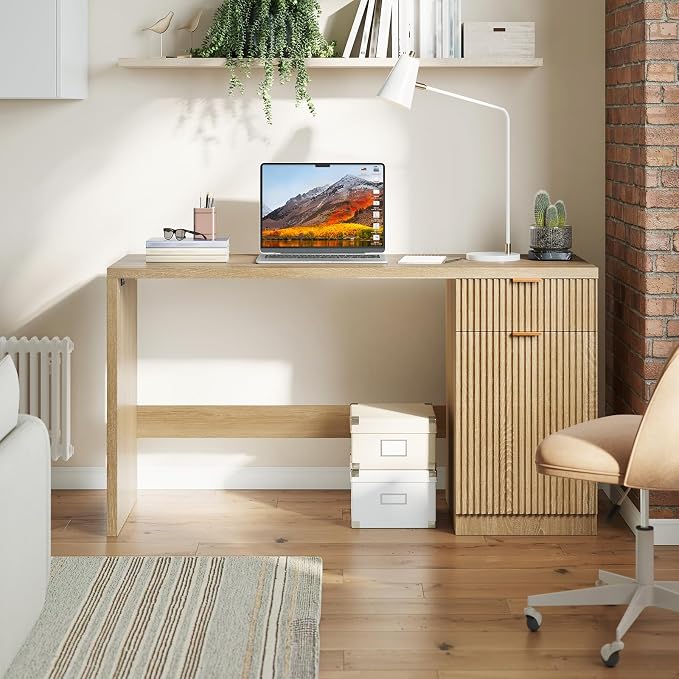 IDEALHOUSE Fluted Executive Desk with Drawers, 60" Modern Home Office Desk | with Storage Cabinet, Wood Fluted Computer Desks Workstation for Working, Studying, Writing, Natural Oak