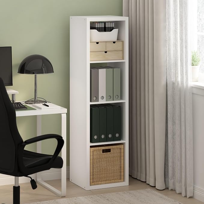 Furinno Cubicle Book Shelf, 4-Cube Bookshelf, Extra Thick Frame Horizontally & Vertically Reversible Bookcase with Open Back, 14.6 x 15.9 x 58, for Living Room, Bedroom, Home Office, Plain White