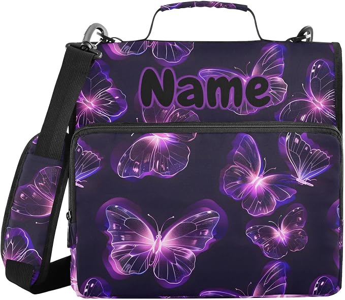 Custom Butterflies Purple Neon 3 Ring Binder Bag 1.5 inch Personalized Name Binder Organizer 500 Sheet Documents Storage for School Office