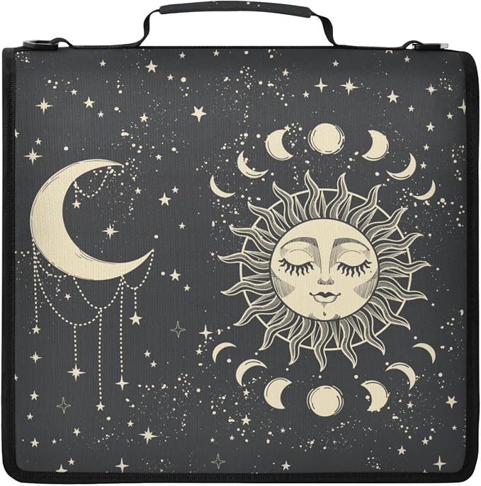 Tarot Sun Moon Goth Zipper Binder File Organizer Bag 3 D-Ring | with Shoulder Strap, Holds 500 Sheets & 14in Laptop, 3 Ring Binder for Office Supplies