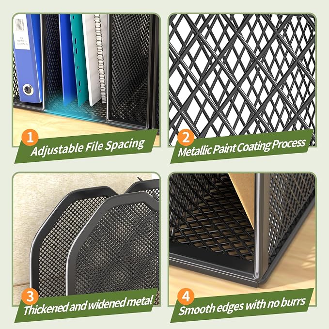 FANXIYQ Black 7-Section File Folder Organizer for Desk, Metal Vertical File Holder Stand, Desktop File Organizer Rack for Letter/A4 Folders, Papers, Books, Office Classroom Home