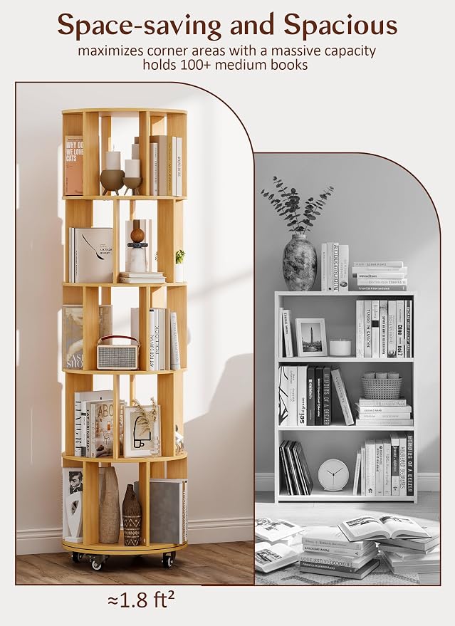 5 Tier Rotating Bookshelf 360 ° Rotating Bookshelf Tower Wood Revolving Bookcase Tall Narrow Spinning Book Shelf Tower with Storage and Sturdy Construction for Bedroom, Living Room, Office(Wood)