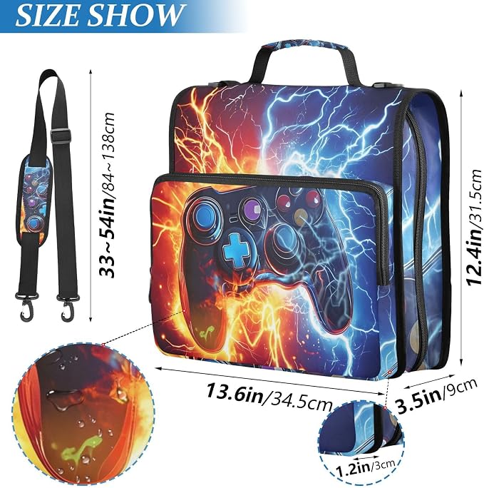 Game Controller Fire Electric Spark Zipper Binder Bag 3 Ring Binder with Shoulder Strap Zip Up 500 Sheets Capacity Multi Pockets for School Office Supplies