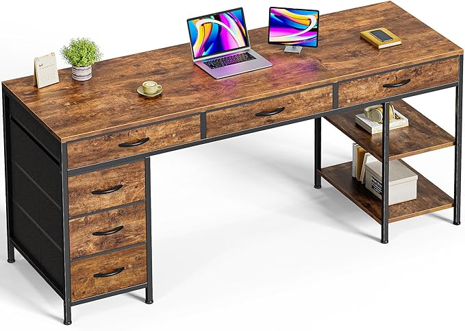 Huuger Computer Desk with 6 Drawers, Office Desk with Shelves, Reversible Gaming Desk, Large Corner Desk with Storage, Work for Home Office, Study, Living Room, 63inch, Rustic Brown