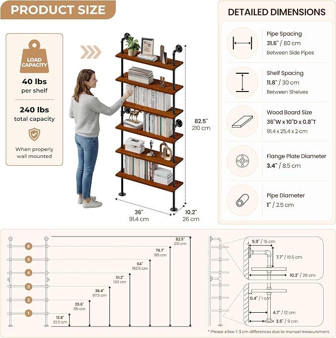 6-Tier LED Ladder Shelf, Wall Mounted Pipe Bookshelf, Walnut Brown 36 Inch | Solid pine 6-tier wall mounted pipe bookshelf with warm LED lights, 40 lb shelves, for books, plants and decor