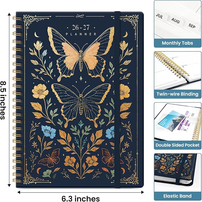 Planner 2026-2027, Jul 2026-Jun 2027 Monthly & Weekly Planner Calendar | 6.3" x 8.5", Hardcover Academic Spiral Pretty School Planning Book for Women, Teacher, Student, Golden Butterfly