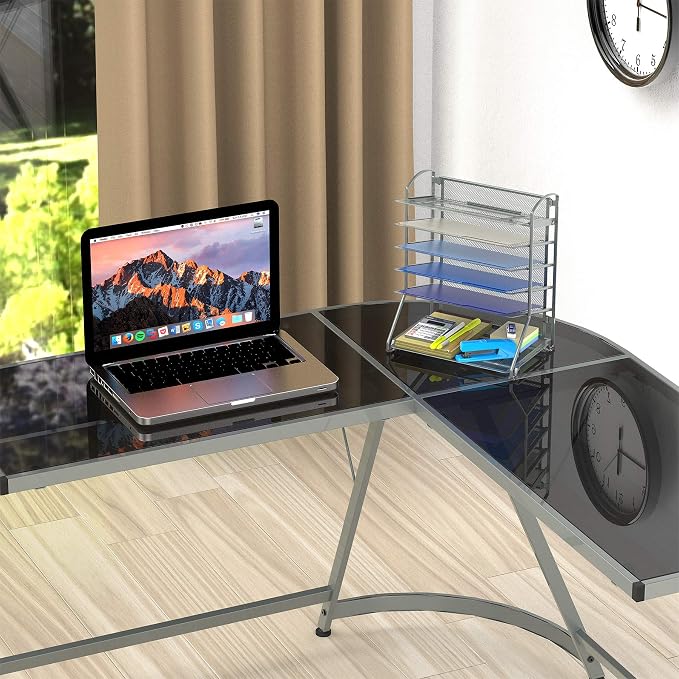 Simple Houseware 6-Tier Desk Organizer & Sliding Paper Tray, Silver | Space-Saving Desktop Letter Tray for Document, Files and Mail Sorting