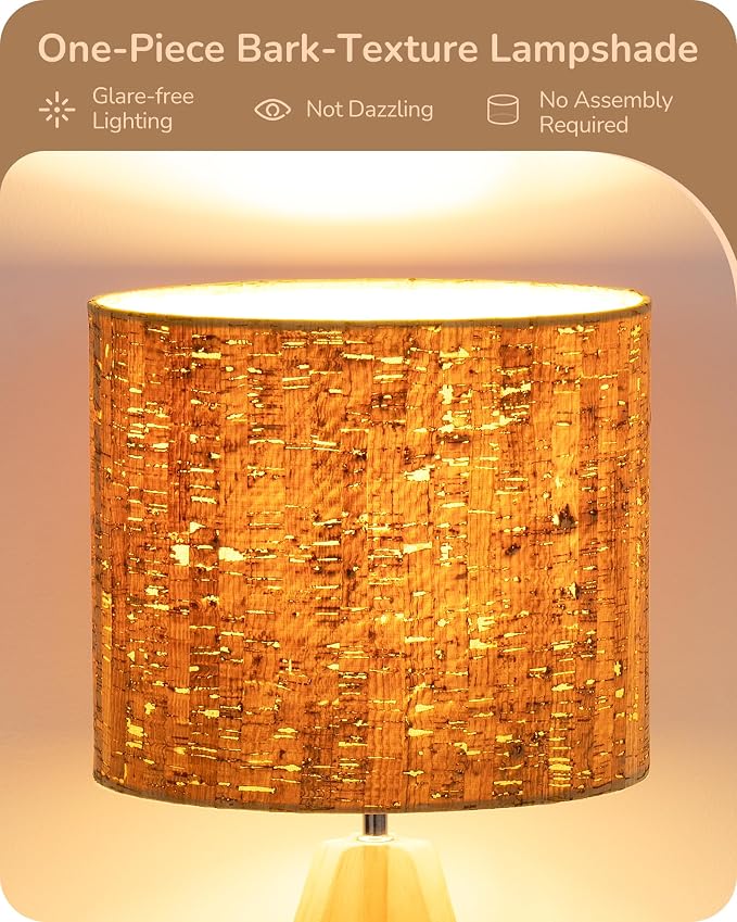 EDISHINE Small Table Lamp, Wood Tripod Nightstand Lamp, Bark Linen Shade | 14.2 Inch, Farmhouse Bedside Lamp for Nursery, Bedroom, Kids Room, Office, Reading Desk, E26 Socket, ON/Off Switch