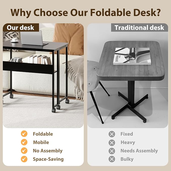 24.8" Folding Desk Rolling Desk with Storage Shelf,Space-Saving Foldable Computer Desk with Wheels,Portable Mobile Couch Sofa Side Table for Small Spaces, Home Office, Study, Easy Assembly,black