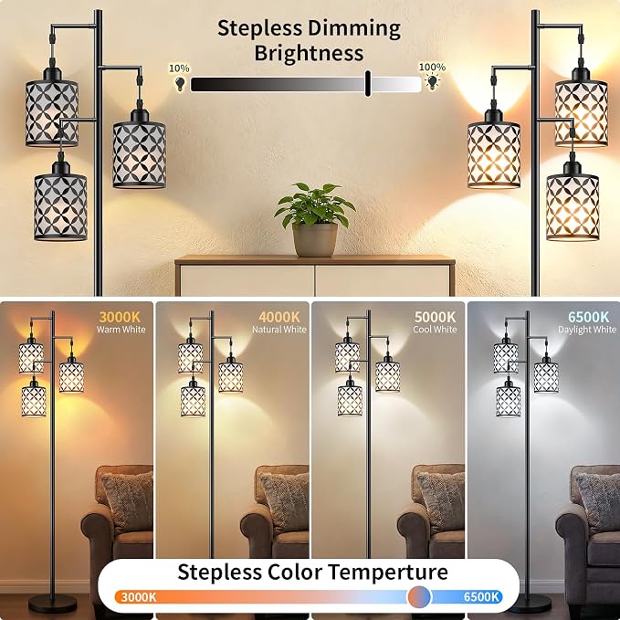 Dimmable Floor Lamp, Farmhouse Standing Lamp with Elegant Metal Cage, Industrial Tall Tree Floor Lamps for Living Room Bedroom Study Office with Remote & 3 x 800LM 9W LED Bulbs - 72", Black