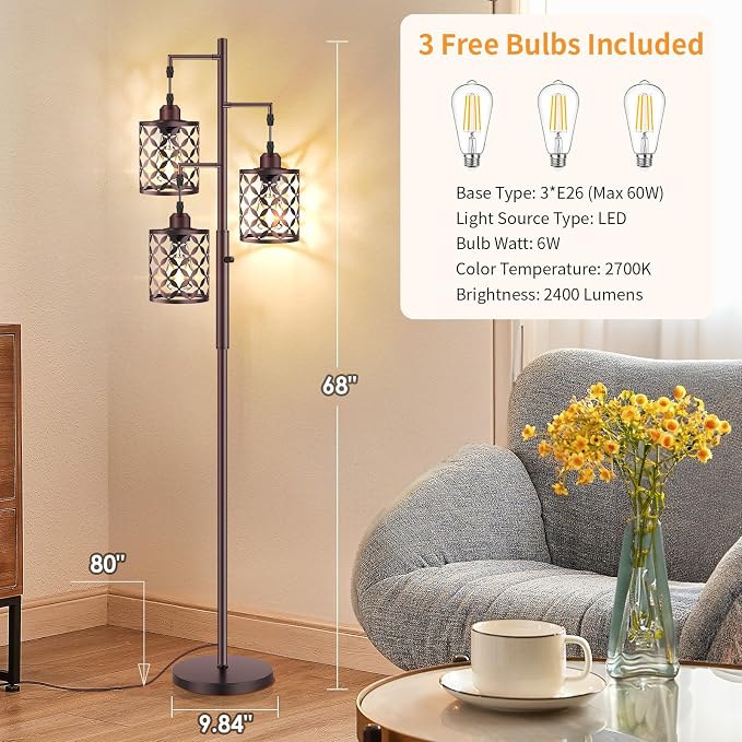 Dimmable Floor Lamp, Farmhouse Standing Lamp with Elegant Metal Cage, Industrial Tall Tree Floor Lamps for Living Room Bedroom Study Room Office, 3 x 800LM LED Bulbs Included - 68", Brown