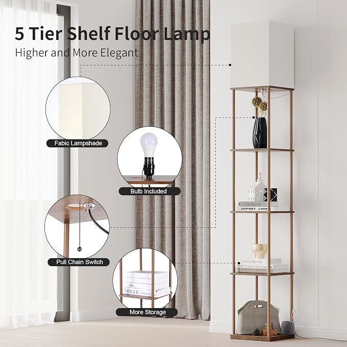 SUNMORY 5 Tier Floor Lamp with Shelves, Standing Lamps for Living Room | 3 CCT LED Bulb Include, 70" Tall Corner Shelf Lamp, Display Bookshelf, Modern Style for Bedroom, Office, Home Decor