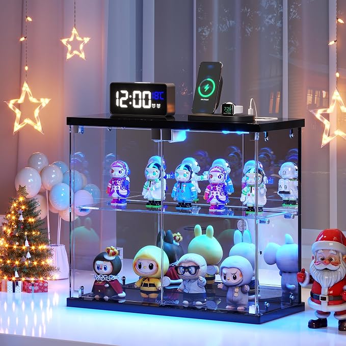 Dystler Glass Display Case with LED Lights, Small 2-Tier for Figures | Lighted Display Cabinet with Motion Sensor, Clear Tempered Glass Door, USB-C Charging Hub for Collectibles, Rocks, Tabletop