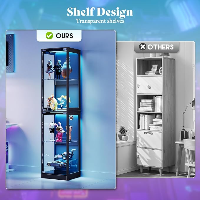 AMERLIFE 16-Inch RGB Display Cabinet | 70 H x 16 W x 16 D In, 4-Tier Storage, Adjustable Shelves, RGB LED Lights, for Collectibles, Black
