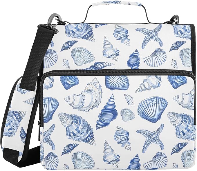 Navy Seashells Zipper Binder 3 Ring with Handle and Shoulder Strap, 500 Sheet Binder Organizer Capacity & Multi-Pockets for School Office