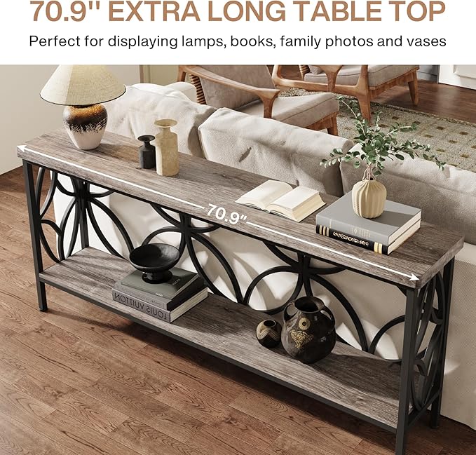 LITTLE TREE Sofa Table, 70.9 Inch Industrial Behind Couch Table with Storage Shelves, Narrow Long Console Table for Entryway, Living Room, Foyer, Hallway, Office