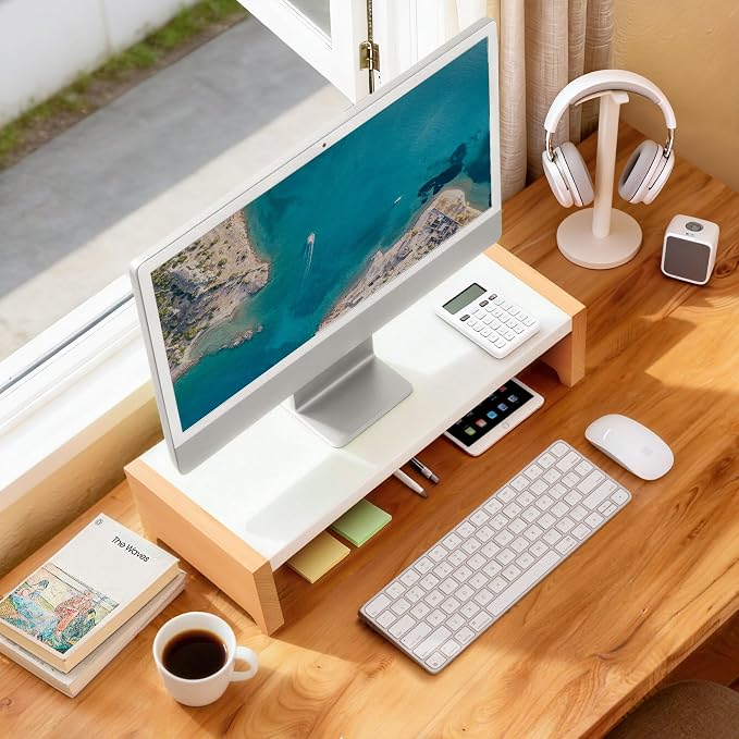 Monitor Stand Riser | White Metal & Wood Computer Monitor Stand Riser for Desk, Max Load Capacity 40LB